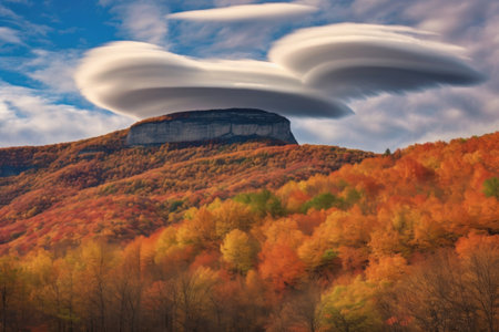 lenticular clouds over a mountain range in autumn foliage, created with generative aiの素材