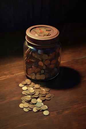 spilled jar of coins on a wooden surface, created with generative aiの素材