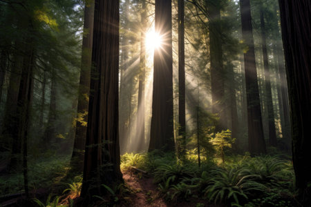sunlight streaming through towering redwoods, created with generative aiの素材