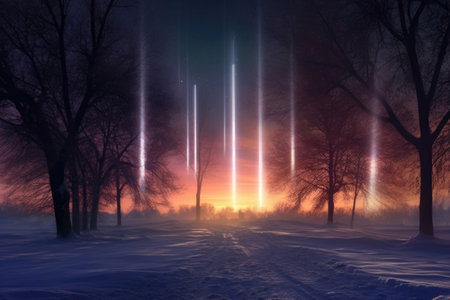 light pillars creating a magical winter landscape, created with generative aiの素材