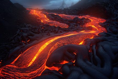 fiery lava flowing down the volcano slope, created with generative aiの素材