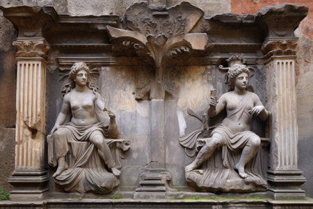 carved stone reliefs at a roman temple, created with generative aiの素材