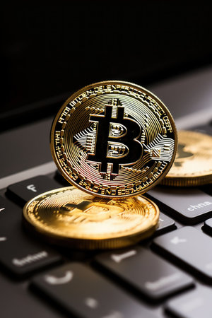 close-up of a cryptocurrency coin on keyboard, created with generative aiの素材