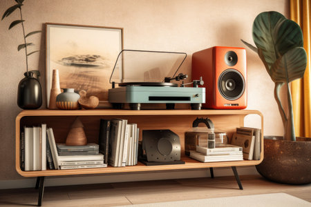 record player on bookshelf with modern interior, created with generative aiの素材