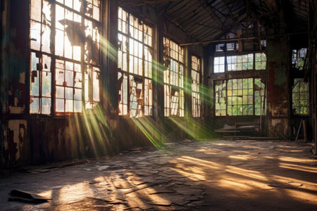 sunlight piercing through broken windows in an old factory, created with generative aiの素材