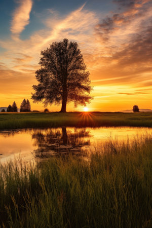 silhouette of a tree in a peaceful meadow during golden hour, created with generative aiの素材