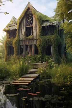 abandoned haunted house with overgrown vegetation, created with generative aiの素材