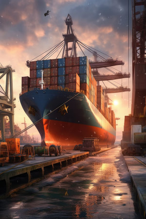 cargo ship unloading containers at port, created with generative aiの素材