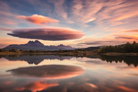 lenticular clouds hovering above a tranquil lake, created with generative aiの素材