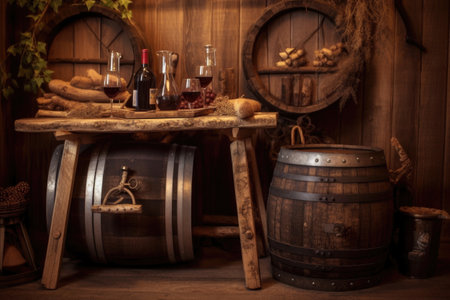 rustic barrels with wine glasses and corkscrew nearby, created with generative aiの素材