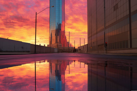 sunrise colors reflected on towering skyscraper, created with generative aiの素材