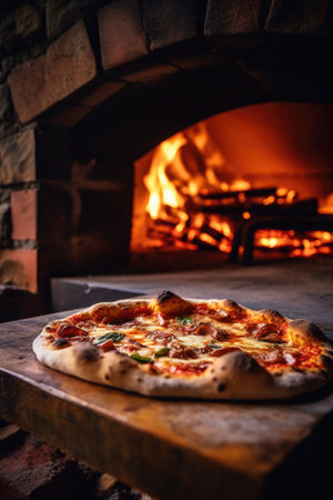 freshly baked pizza in a traditional wood-fired oven, created with generative aiの素材