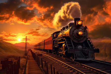 steam locomotive emitting smoke at sunset, created with generative aiの素材