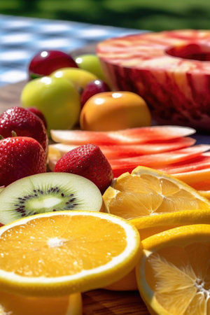 close-up of refreshing fruit slices on a picnic table, created with generative aiの素材