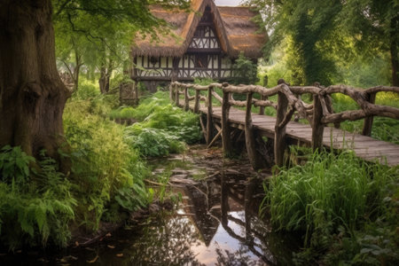 rustic wooden bridge over monastery garden stream, created with generative aiの素材