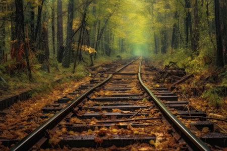 rusty tracks disappearing into dense forest, created with generative aiの素材