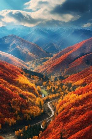 panoramic view of colorful autumn mountains, created with generative aiの素材