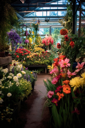 colorful flowers at a garden center, created with generative aiの素材