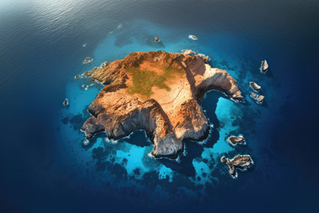 top-down shot of a volcanic island surrounded by deep blue ocean, created with generative aiの素材