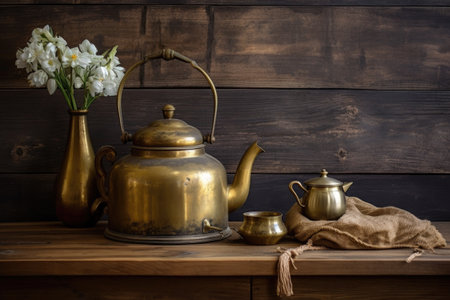antique brass kettle on rustic wooden table, created with generative aiの素材