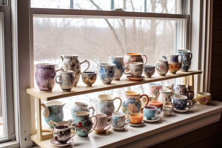 teacup collection displayed on a windowsill, created with generative aiの素材