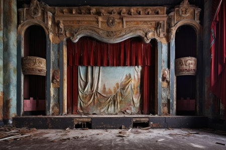 empty, decaying theater with torn curtains and debris, created with generative aiの素材