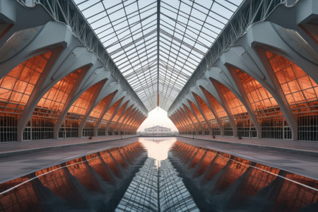 symmetrical shot of a cutting-edge transportation hub, created with generative aiの素材