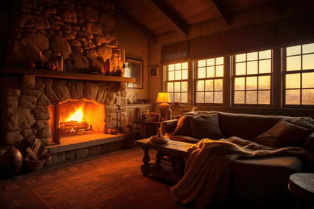 warm glow of a stone fireplace in a cozy room, created with generative aiの素材