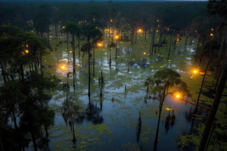 aerial view of fireflies illuminating the swamp at dusk, created with generative aiの素材