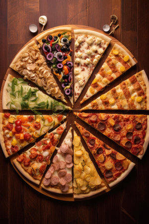 slices of various pizza types arranged in a circle, created with generative aiの素材