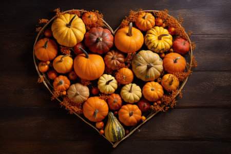 pumpkins arranged in a heart shape, created with generative aiの素材