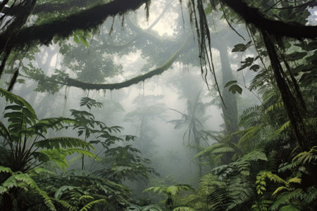 foggy rainforest canopy with a glimpse of sky, created with generative aiの素材