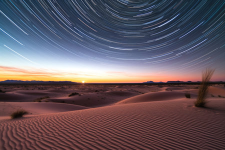time-lapse of star trails above desert sand dunes, created with generative aiの素材