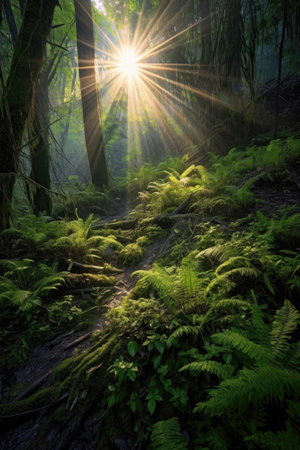 sun rays filtering through a dense forest, created with generative aiの素材