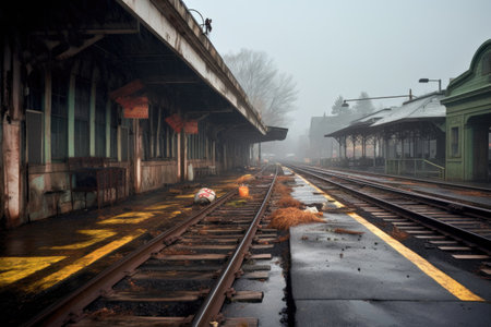 decommissioned train station platform and rails, created with generative aiの素材