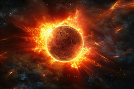 close-up of solar flare eruption against starry sky, created with generative aiの素材
