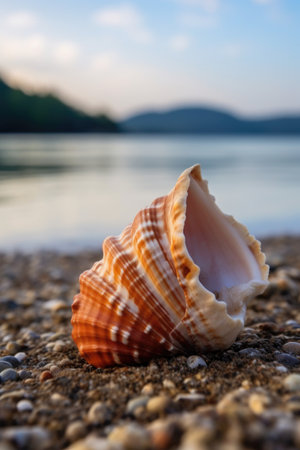 close-up of a seashell on the coastline, created with generative aiの素材