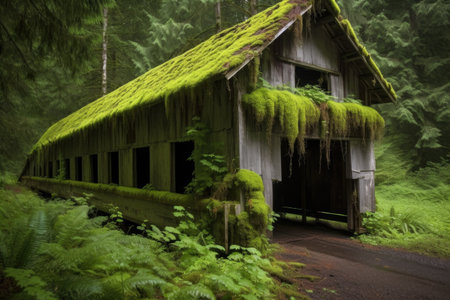 old covered bridge with moss and vines growing, created with generative aiの素材