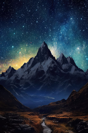 dramatic mountain range silhouette against a starry night sky, created with generative aiの素材