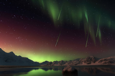composite image of meteors and northern lights, created with generative aiの素材