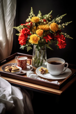 breakfast in bed tray with flowers, coffee, and a card, created with generative aiの素材