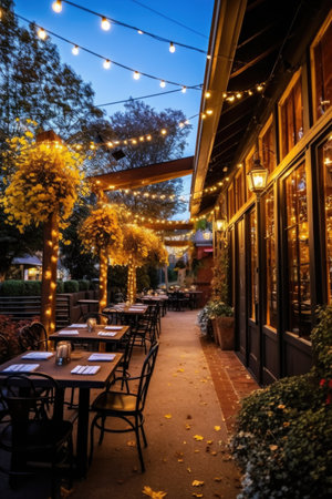 outdoor patio of a restaurant with warm string lights, created with generative aiの素材