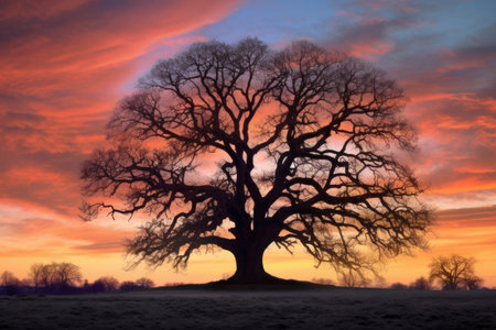 oak tree silhouette against sunset sky, created with generative aiの素材