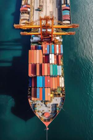 aerial view of a cargo ship in harbor unloading containers, created with generative aiの素材