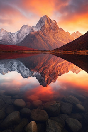 mountain range reflecting in a calm lake at sunrise, created with generative aiの素材