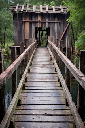 bridge made of wooden planks, showing support, created with generative aiの素材
