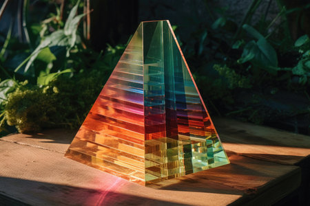 a glass prism splitting sunlight into a rainbow spectrum, created with generative aiの素材