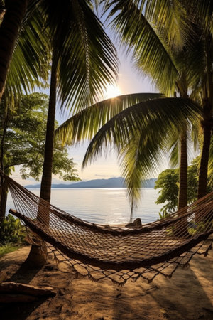 hammock between palm trees, overlooking a serene beach, created with generative aiの素材