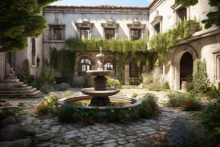 stone house courtyard with a garden and fountain, created with generative aiの素材