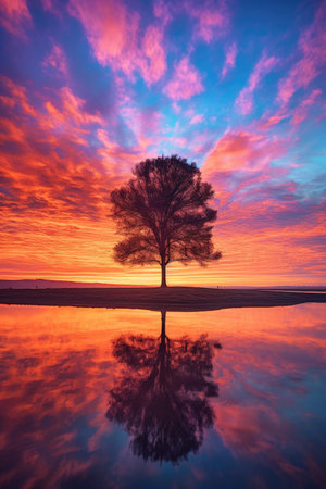 lone tree silhouette against a vibrant sunset, created with generative aiの素材